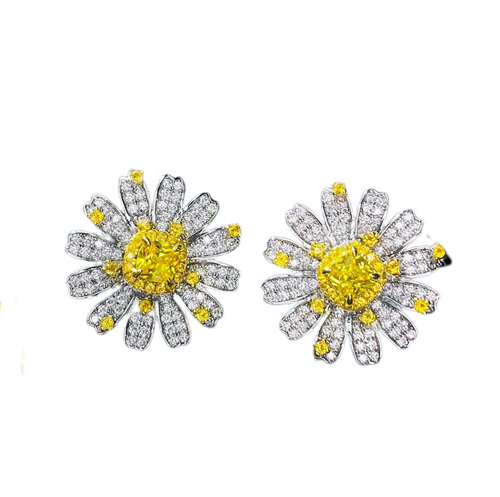 

925 Sterling Silver Created Moissanite Lab Diamonds Daisy Earrings, Yellow