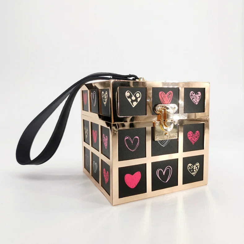 

Luxury Lock Magic Cube Box Bag PU Leather Evening Party Banquet Bag Printed Metal Clutch Bag Handbags for Women, Black