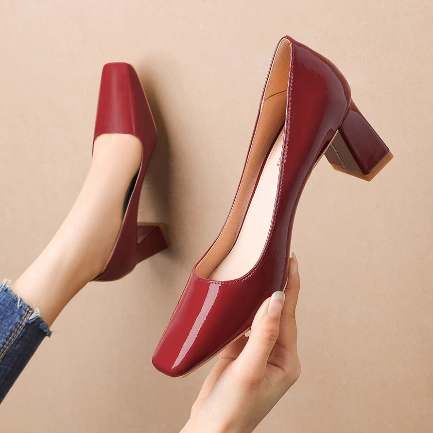 

Hot selling fashion sexy shallow mouth thick heel square toe heels pumps for women