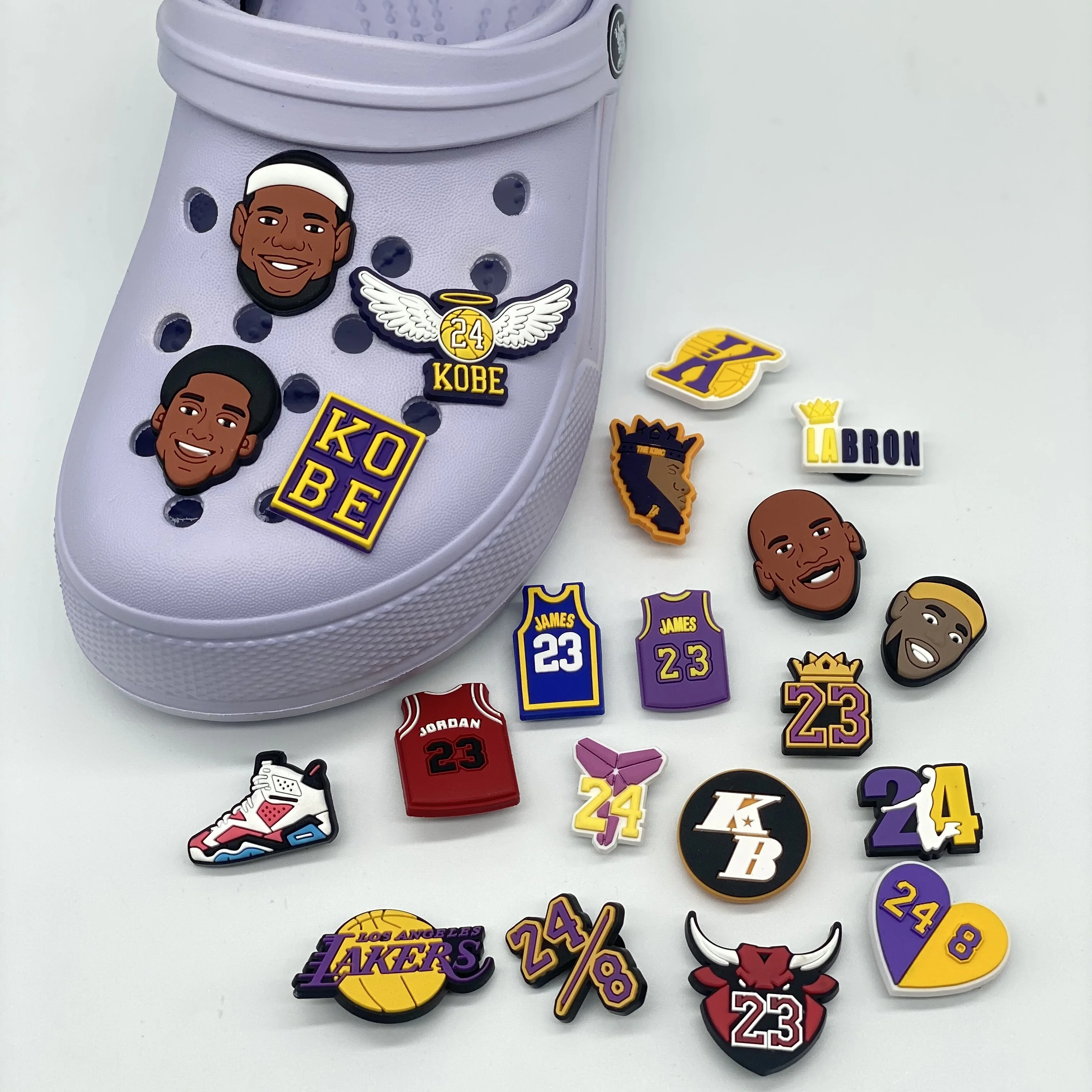 

Kobe 24 Cartoon Logo Clog Charm Lakers Shoe Decoration Soft Pvc Custom Kid Accessories Charms For Croc