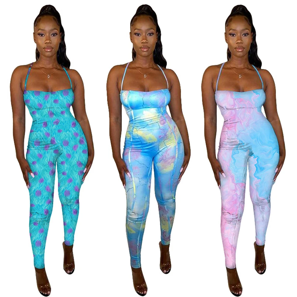 

Women Jumpsuits 2021 Sexy Tie Dyed Printed Bodycon Yoga Sports Fitness Rompers Women's One Pieces Jumpsuit