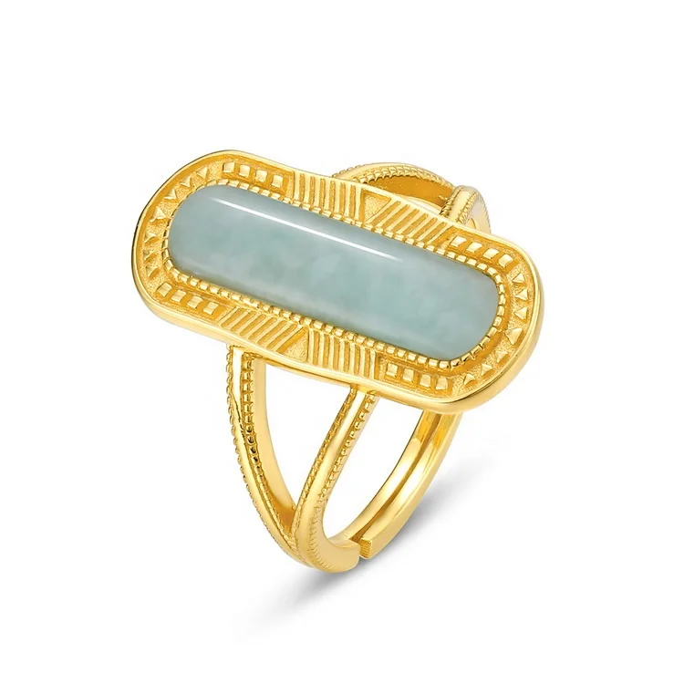 

Manufacturer Direct Sale 925 Silver Delicate Women's Jewelry Gold Plated Big Stone Ring Rectangle Natural Amazonite Ring