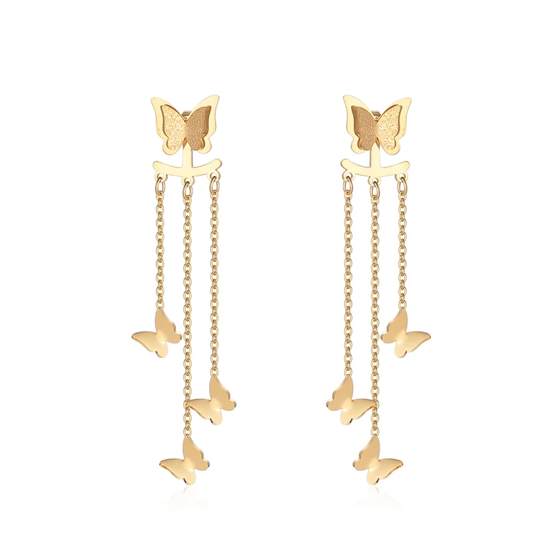 

Fashion Vintage 18K Gold Stainless Steel Stud Butterfly Wing Drop Long Earring For Women