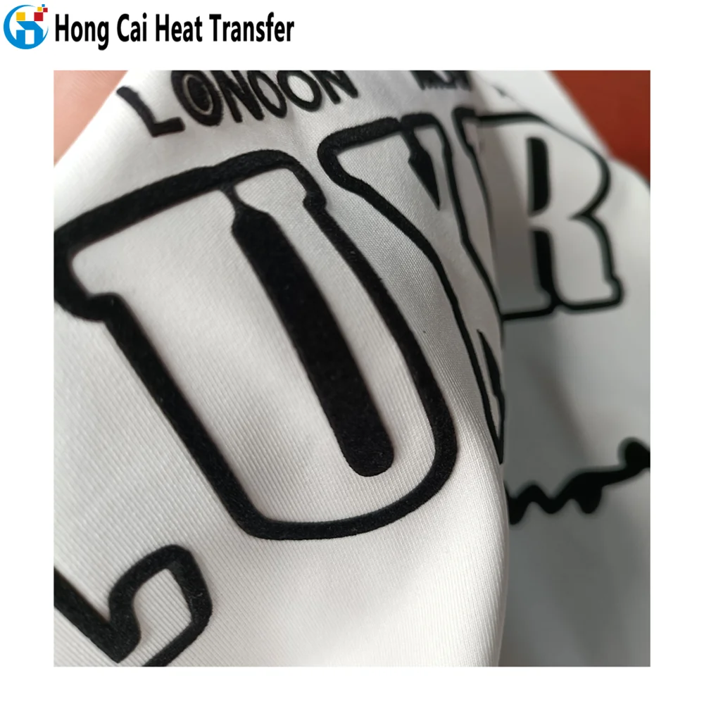 

Hongcai 3D flocking heat transfer vinyl roll sticker logo print transfer custom vinyl heat transfer film for apparel fabrics