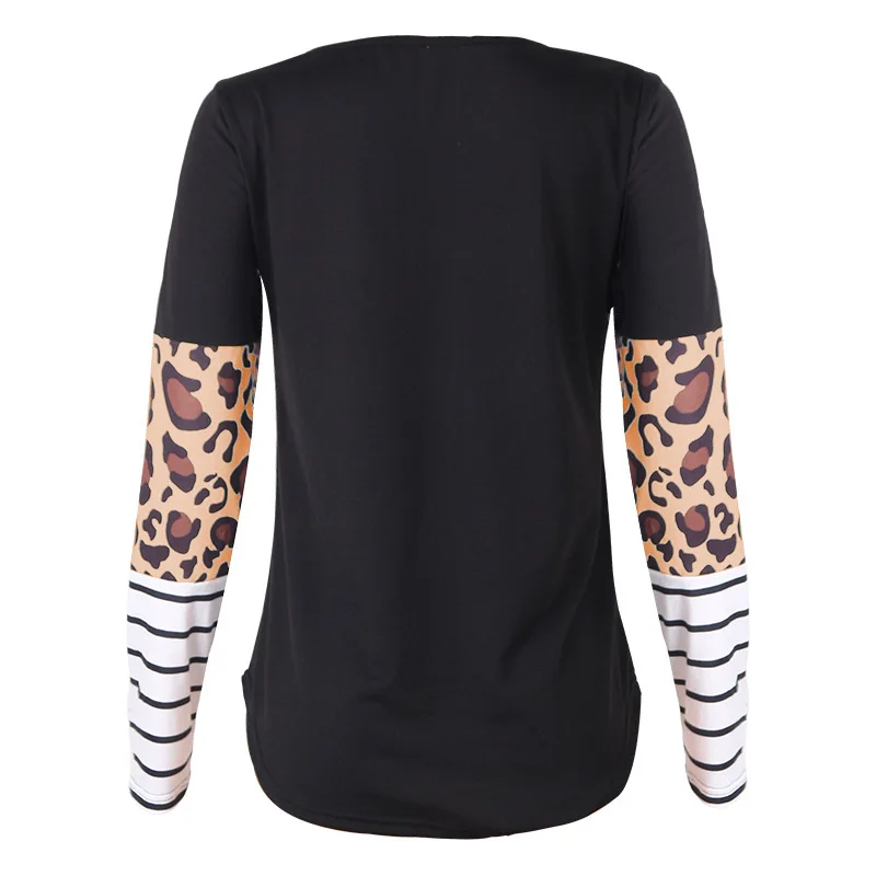 

Leopard Print T-shirt Women Striped Long-sleeved Shirt Casual And Comfortable Women's Blouse