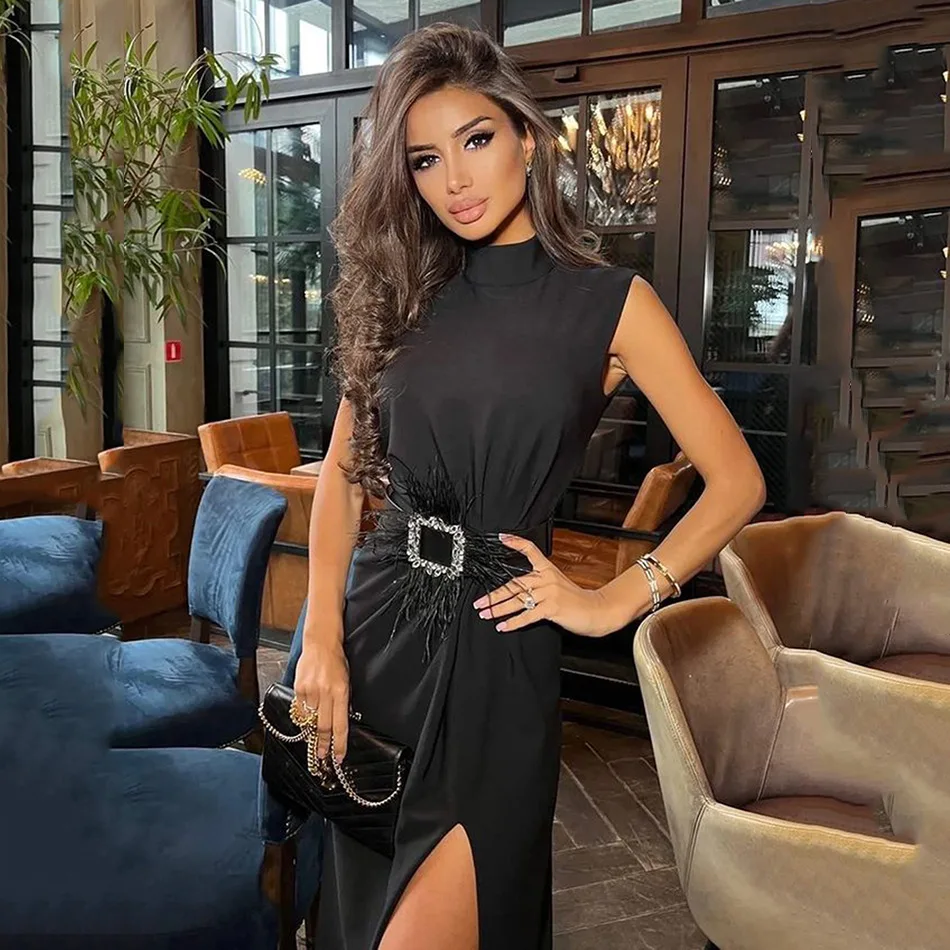 

BY2110 Kimshein Fashion Women Dress Black Luxury Split Feather And Crystal Midi Bandage Evening Party Dress