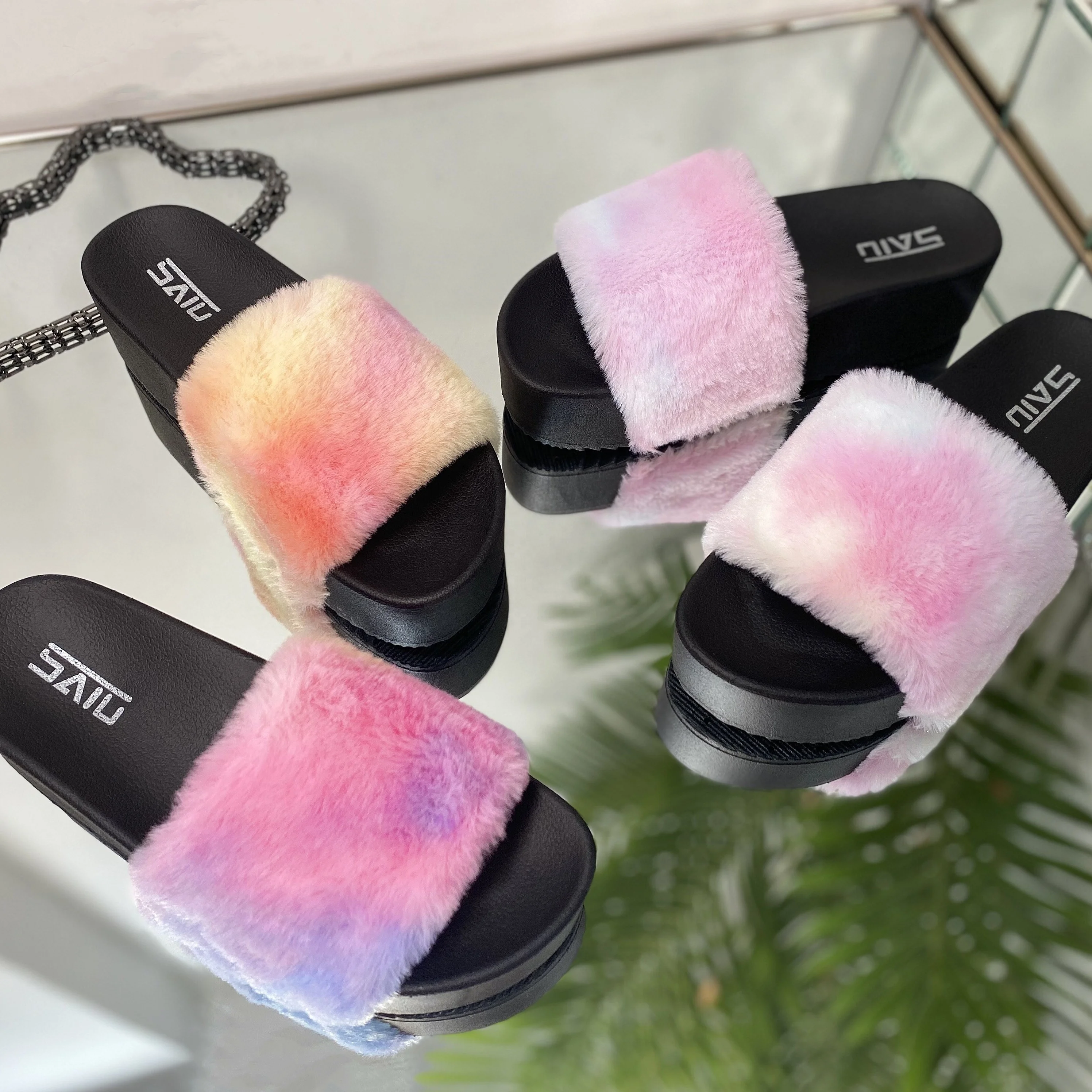 

Tie dye women shoes high heel outdoor sandals faux fur rainbow color plush thick sole slippers platform lady slides