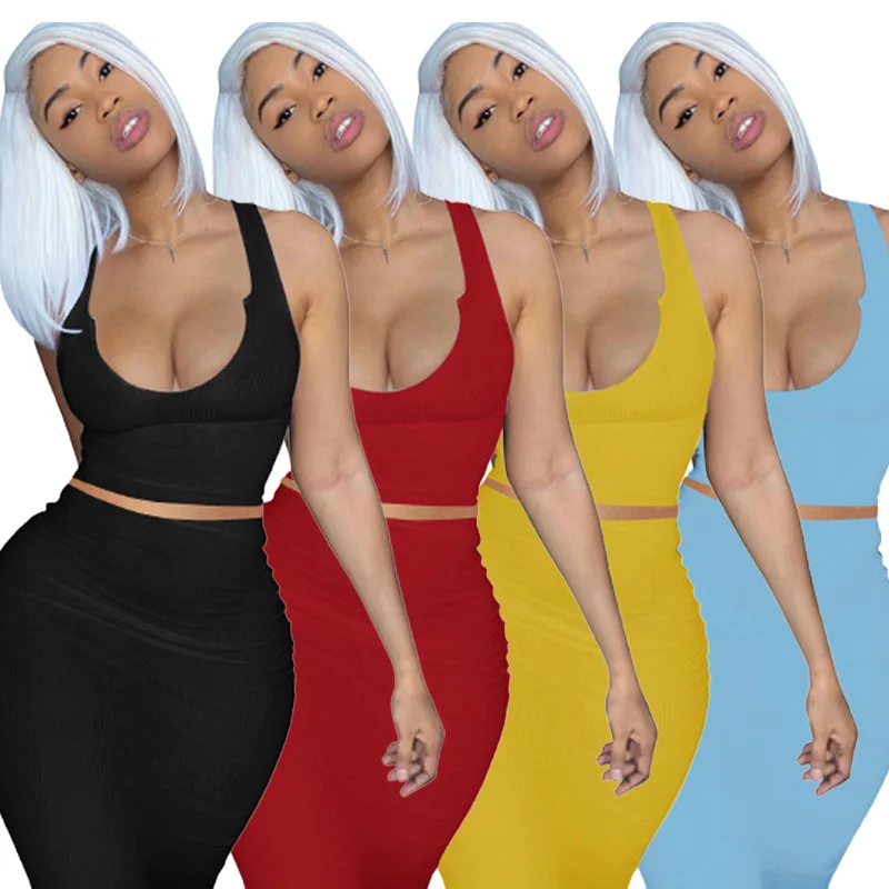 

2021 New Arrivals Clothing Fashion Sexy Club Long Sleeveless Bodycon Two Piece Set Ladies Dress Women Casual Dresses, Picture