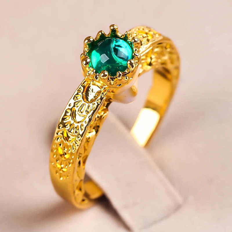 

14K Gold Plated Men's Face Emerald Gemstone Ring Crown Shape Green Gem Fashion Ring For Women, White