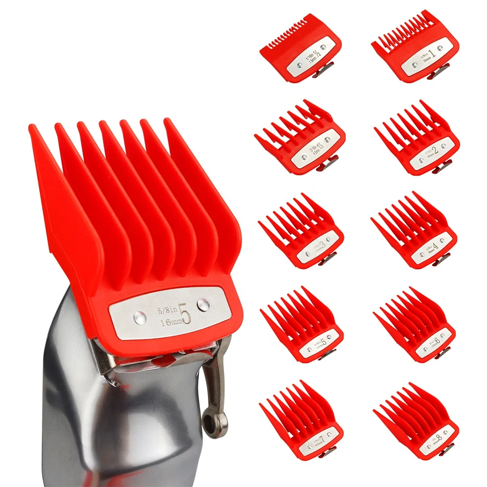 

Hot Red 10Pcs/Set Premium Hair Clipper Cutting Guide Comb Guards Kit Barber Salon Hair Tools Attachments Guards With Metal Hook