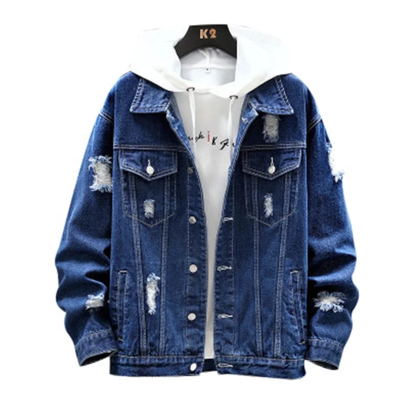 

Spring Ripped Jeans Casual Men's Jackets, Dark blue/light blue