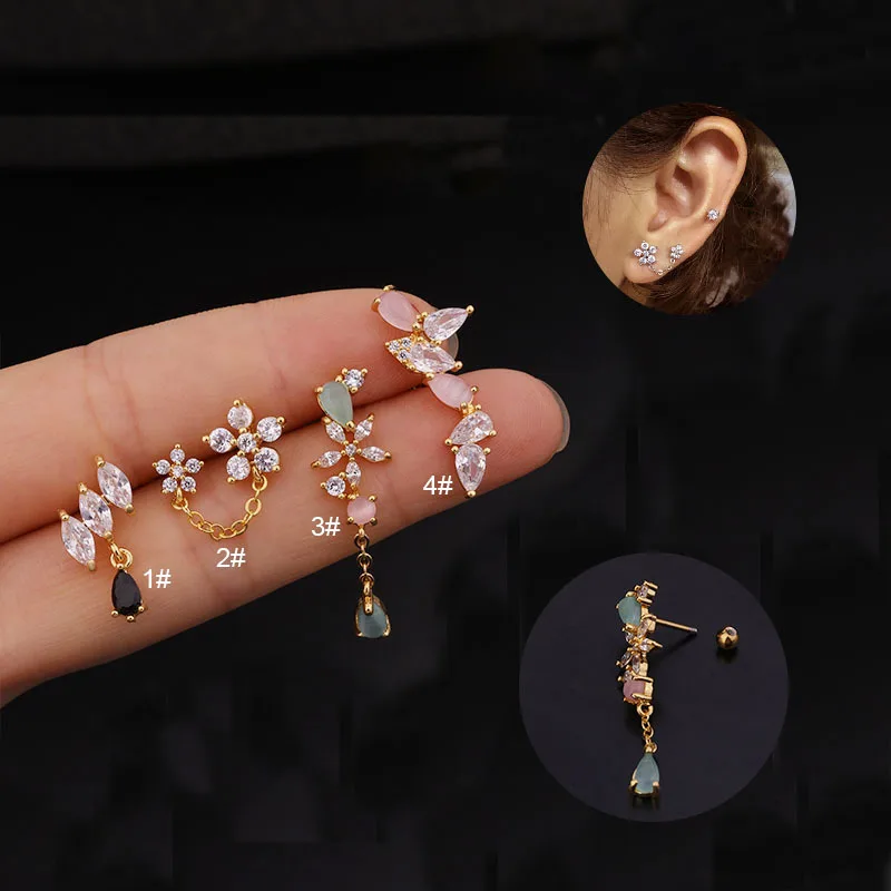 

Creative Ear Piercing Jewelry Screw Back Stud Single Piece Colorful Zircon Flower Dangle Earrings