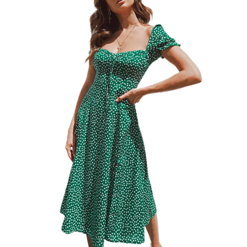 

Casual Chiffon Green Ruched Retro Floral Dot Printed Short Sleeve Split Women Korean Dresses