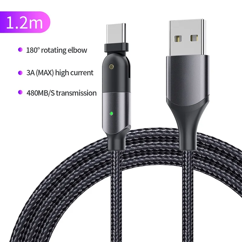 

180 Degree Rotation Braided USB A to USB Type C Data Cable, Balck
