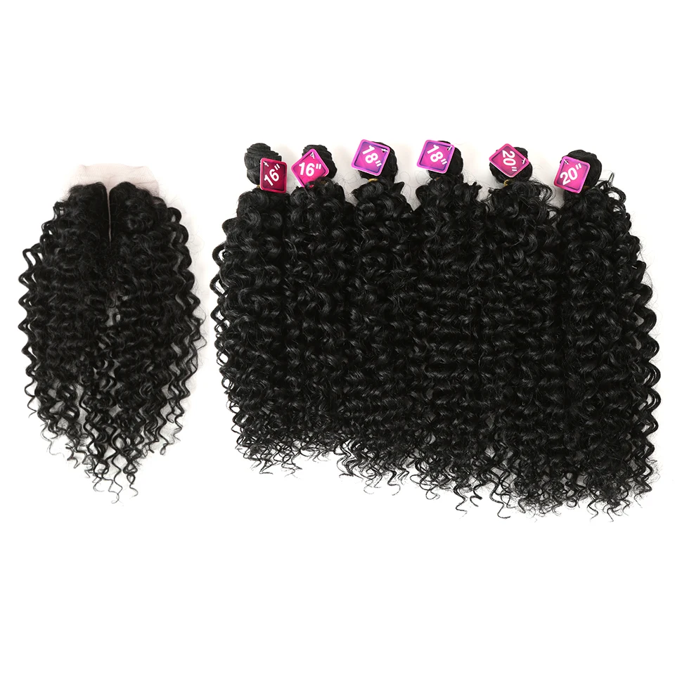 

Sleek Wholesale Afro Kinky Curly Hair Extensions 16-20 inch Synthetic Hair Bundles Lace Front With Closure Wave Hair For Women, Pic showed