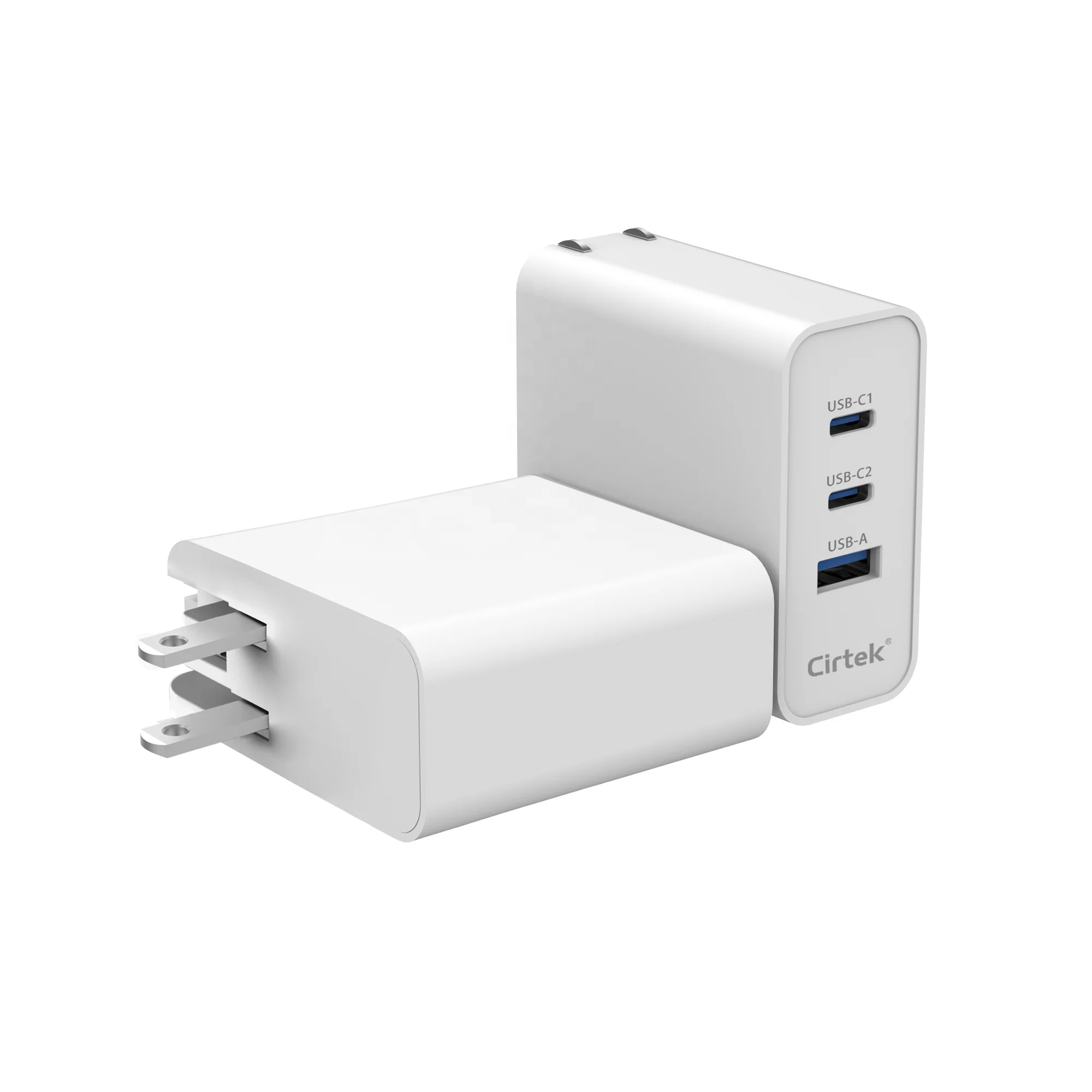 

Cirtek GaN three port interface usb c usb a fast charger RoHs CE FCC ETL certified 65w wall charger fast adapter, White
