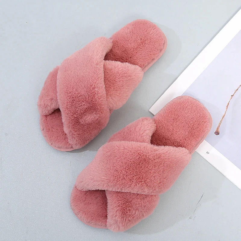 

Women Band Slippers Soft Plush Furry Cozy Open Toe House Shoes Faux Rabbit Fur Warm Comfy Slip On Breathable