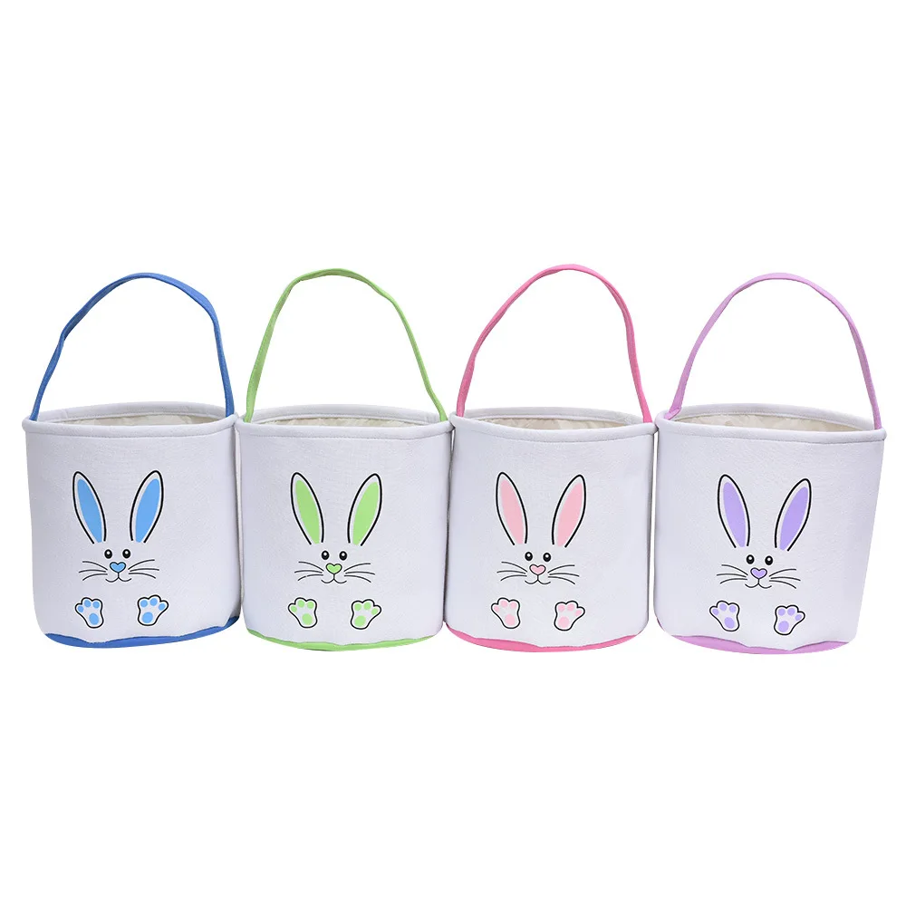 

Hot Sale Wholesale New 2023 Easter Decoration Cute Bunny Print Canvas Easter Basket Kids Easter Bucket