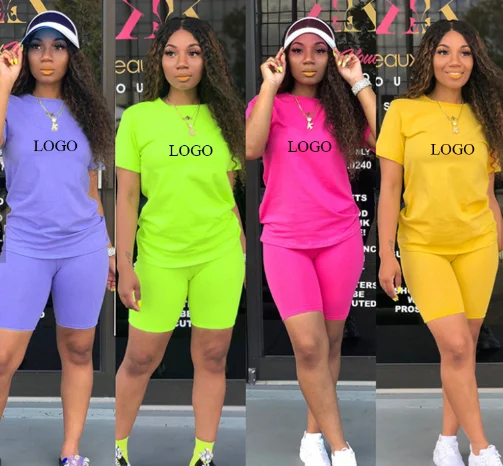 

Hot Sale Women Clothing Short Sleeves Neon Two Pieces Shorts Set Casual 2 Piece Womens Cotton Outfits, Black,white,gray,blue