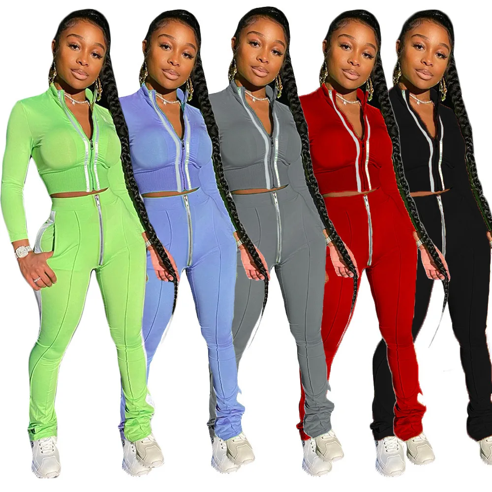 

2021 Fall clothing casual women solid patchwork sport two piece outfits sweat suit jogger tracksuit set