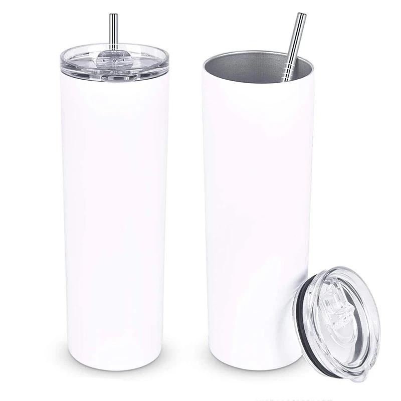 

20oz Skinny White Straight Sublimation Blanks Stainless Steel Tumblers With Metal Straws
