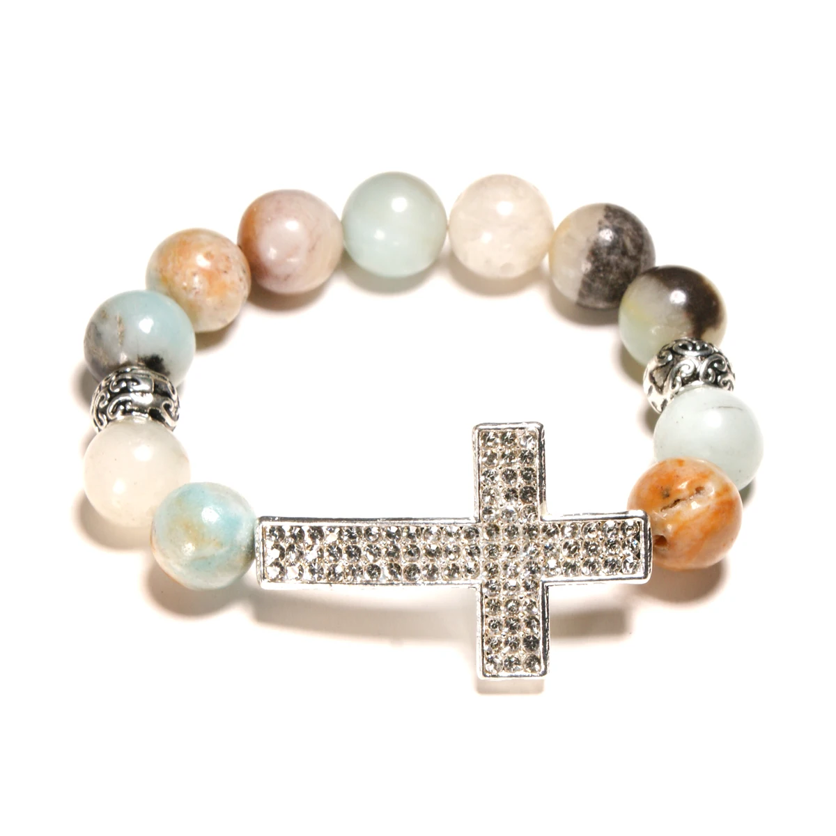 

12MM Tiger Eye Cross Men Bracelet Fashion Chic Stretchy Ethnic Couple Amazonite Beaded Bracelet for Women, Picture