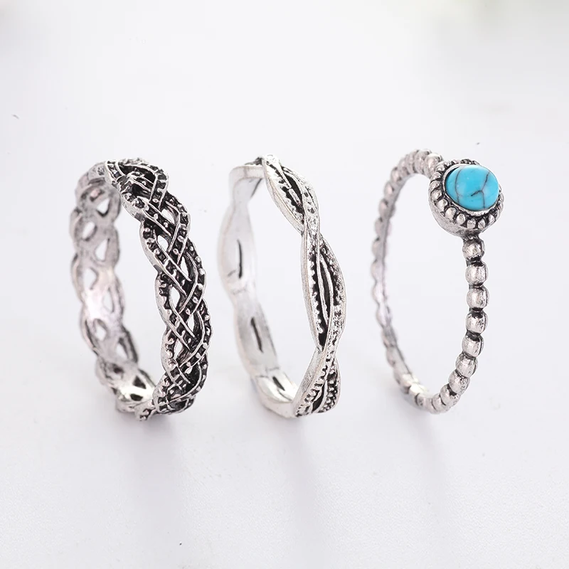 

Vintage Weave Shaped Imitation Turquoise Antique Silver Plated Stackable Rings Jewelry for Women Aneis Feminino