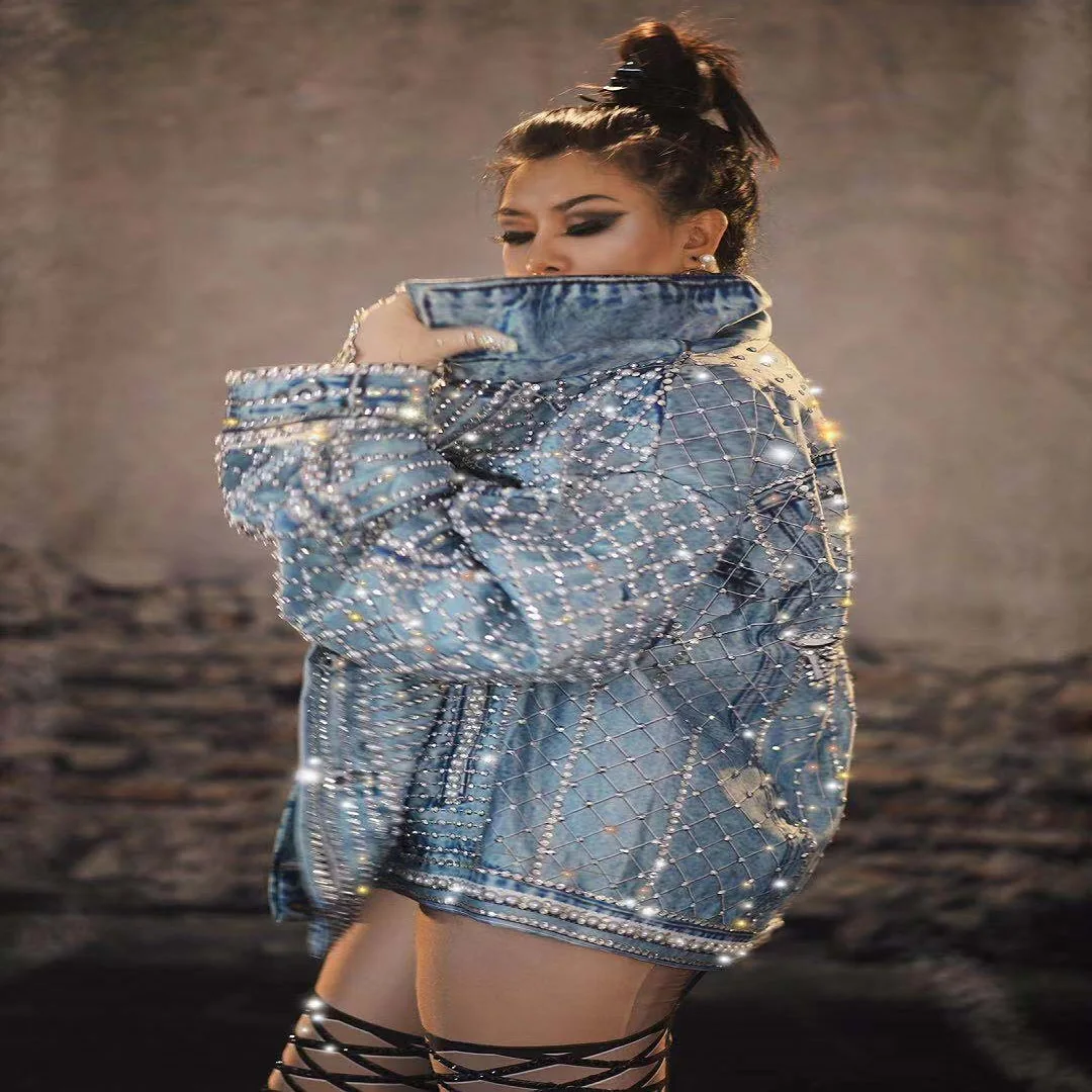 

Wholesale new design women long sleeve diamond jean jacket motorcycle jacket rhinestone denim jacket