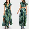 Foliage Print Cover Up Maxi Beach Dress 2019 Sexy V Neck Chiffon Long Frog