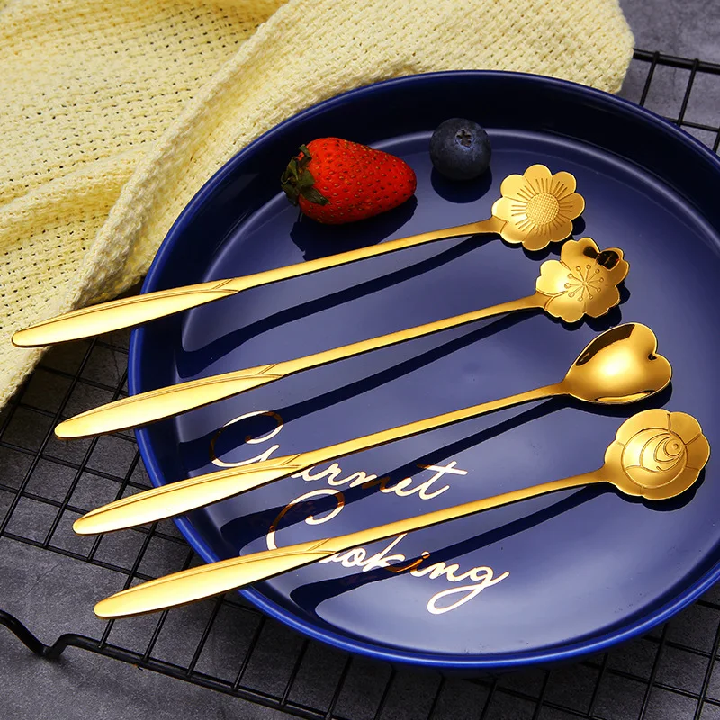 

Gold Silver Mirror Leaf flower coffee honey dipper spoon stainless steel dessert spoon