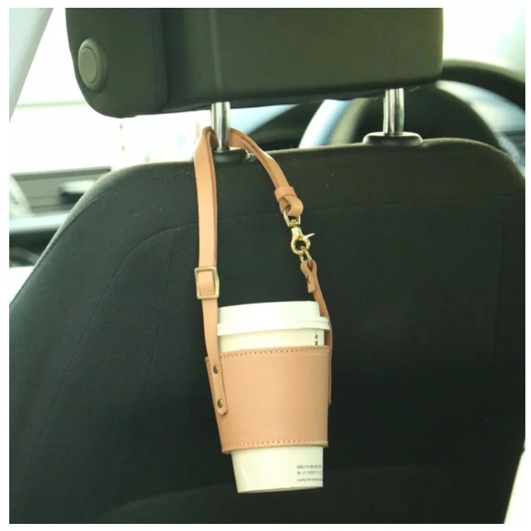 

Leather Car Cup Holder Custom Recycling Cup Sleeve Lanyard Mug Holder, Custom/cream