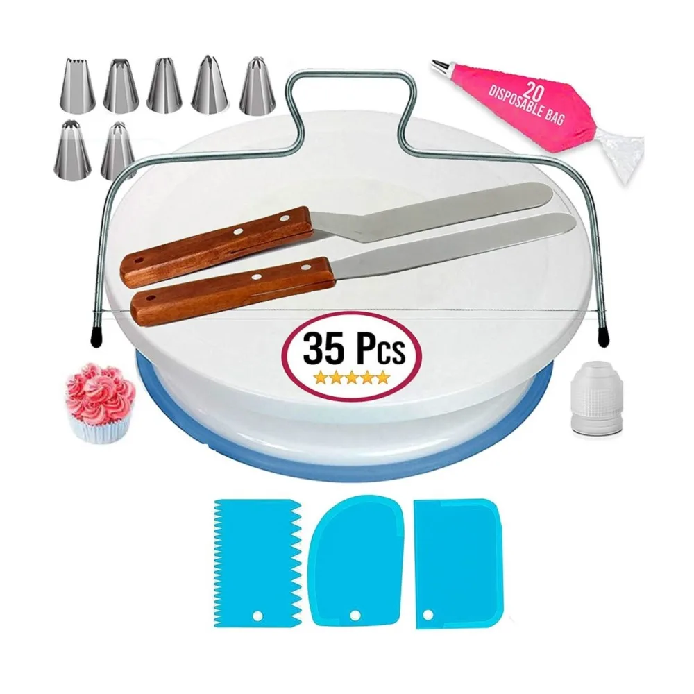 

35pcs Cake Decorating Supplies Rotating Cake Turntable And Leveler-7 Icing Tips And 20 Bags- Straight & Offset Spatula 3 Scraper, Picture