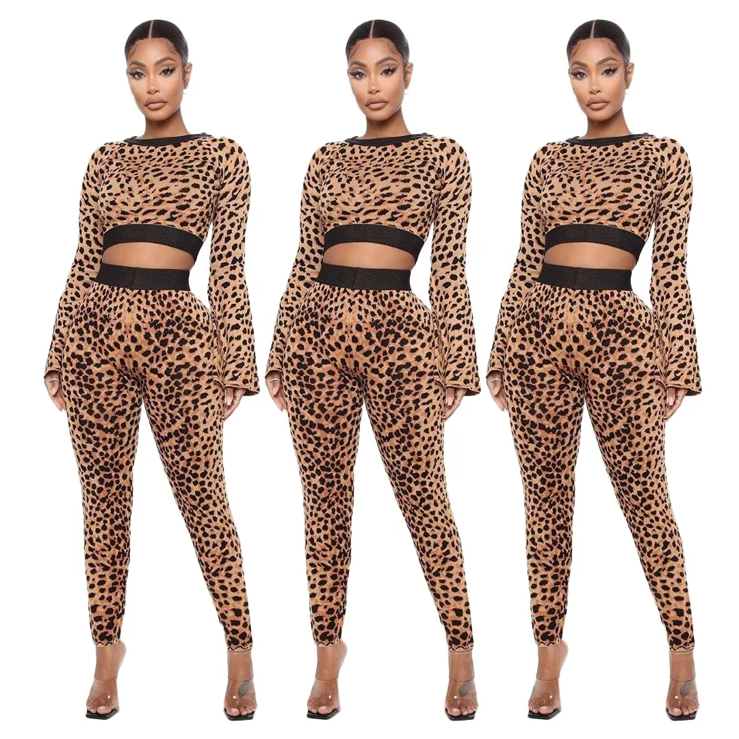 

AI16-1056 2020 winter women clothing leopard print two piece pants set womens long sleeve sweatshirt