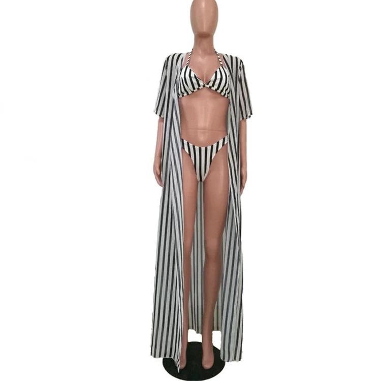 

Beach Striped Swimsuit And Coat 3 Piece Set 2020 Bikini Sexy, White+black