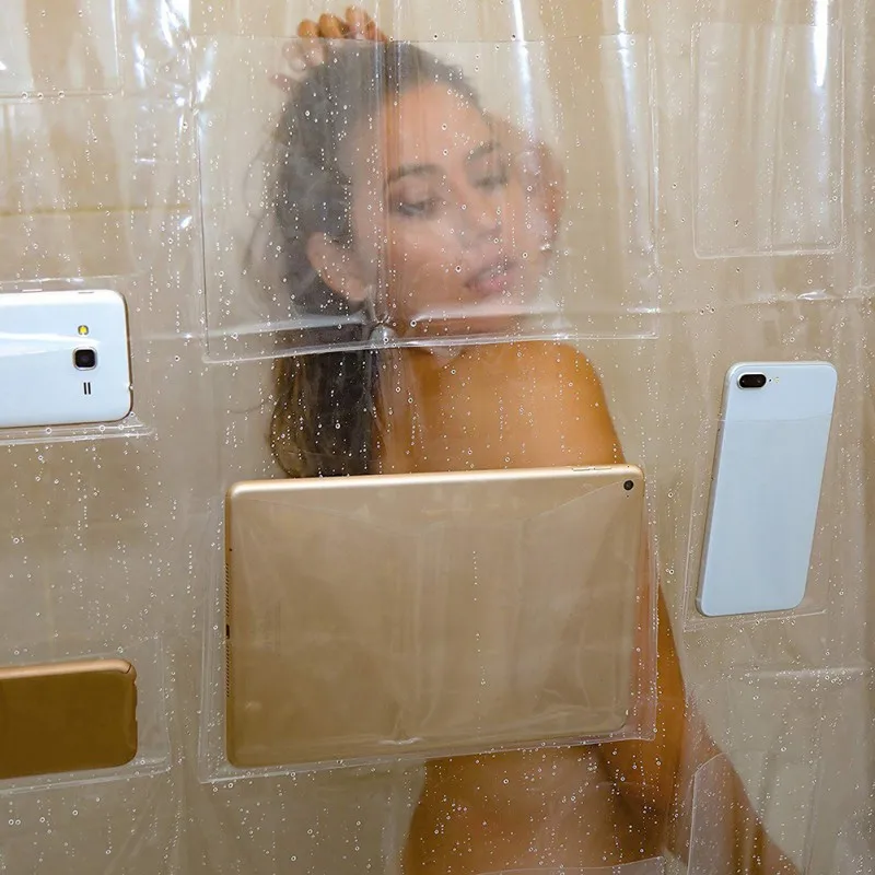 

2021 Amazon bathroom Transparent accessories Clear Pockets EVA shower curtain liner with phone and tablet holder