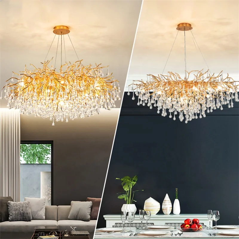 

Nordic Round Crystal Chandeliers Dining Room Bedroom Hotel Hall Art Decor Lighting LED European Gold Crystal Lamp
