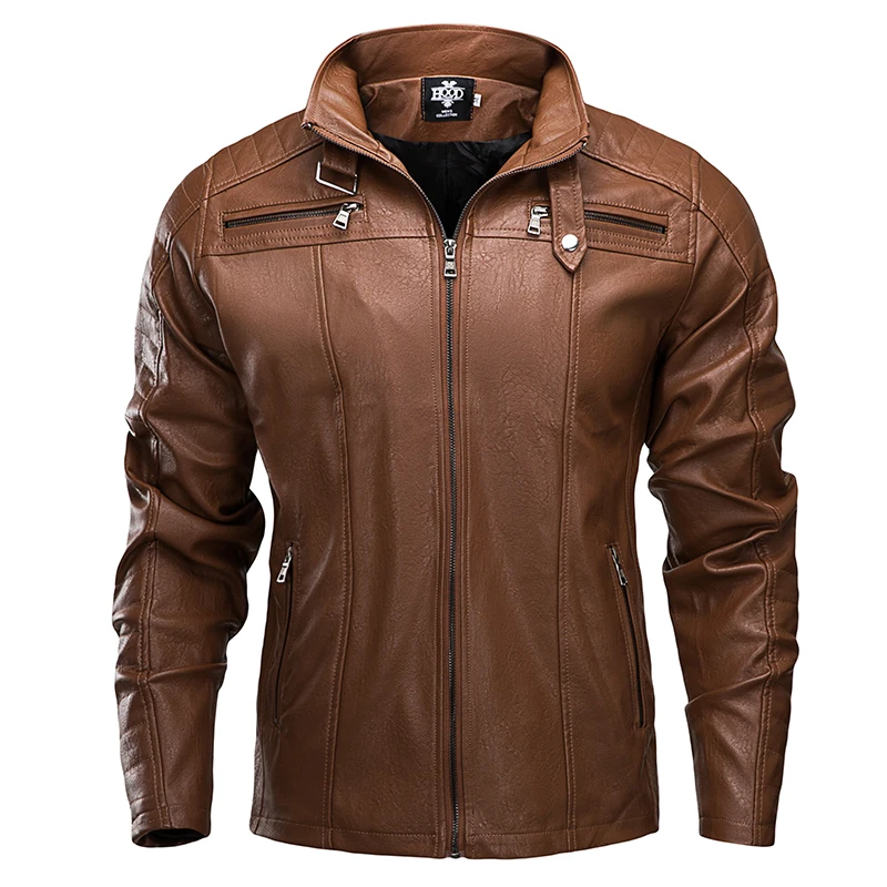 

Dropshipping US Size Classic Leather Mens Bomber Racer Motorcycle Jacket casacas para hombre Stand Collar Leather Coats, Black, brown