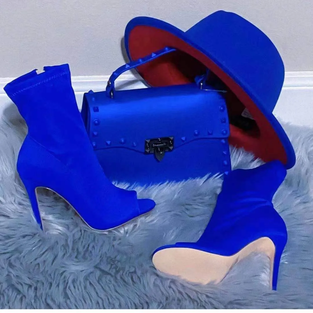 

Fashion Ladies Shoes Handbag Hat Set Suede Zipper Up High Heel Boot Women's Boots And Bag, Colors