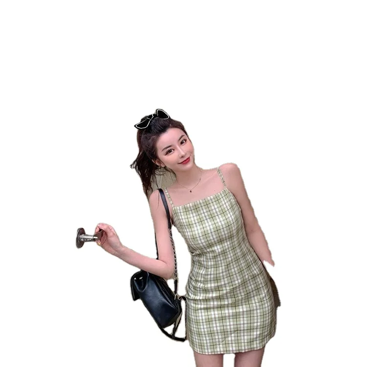 

2021 summer new style Korean style high waist round neck suit A-line miniskirt avocado green dress female gentle hanging square