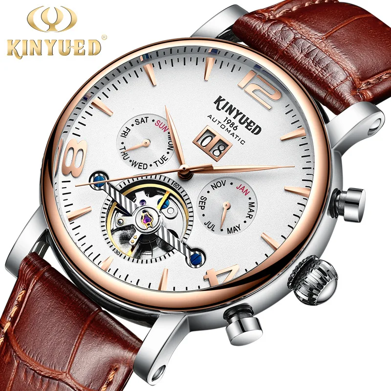 

KINYUED 030 fashion Chinese men mechanical watch original Leather Strap Tourbillion automatic calender business hand watch