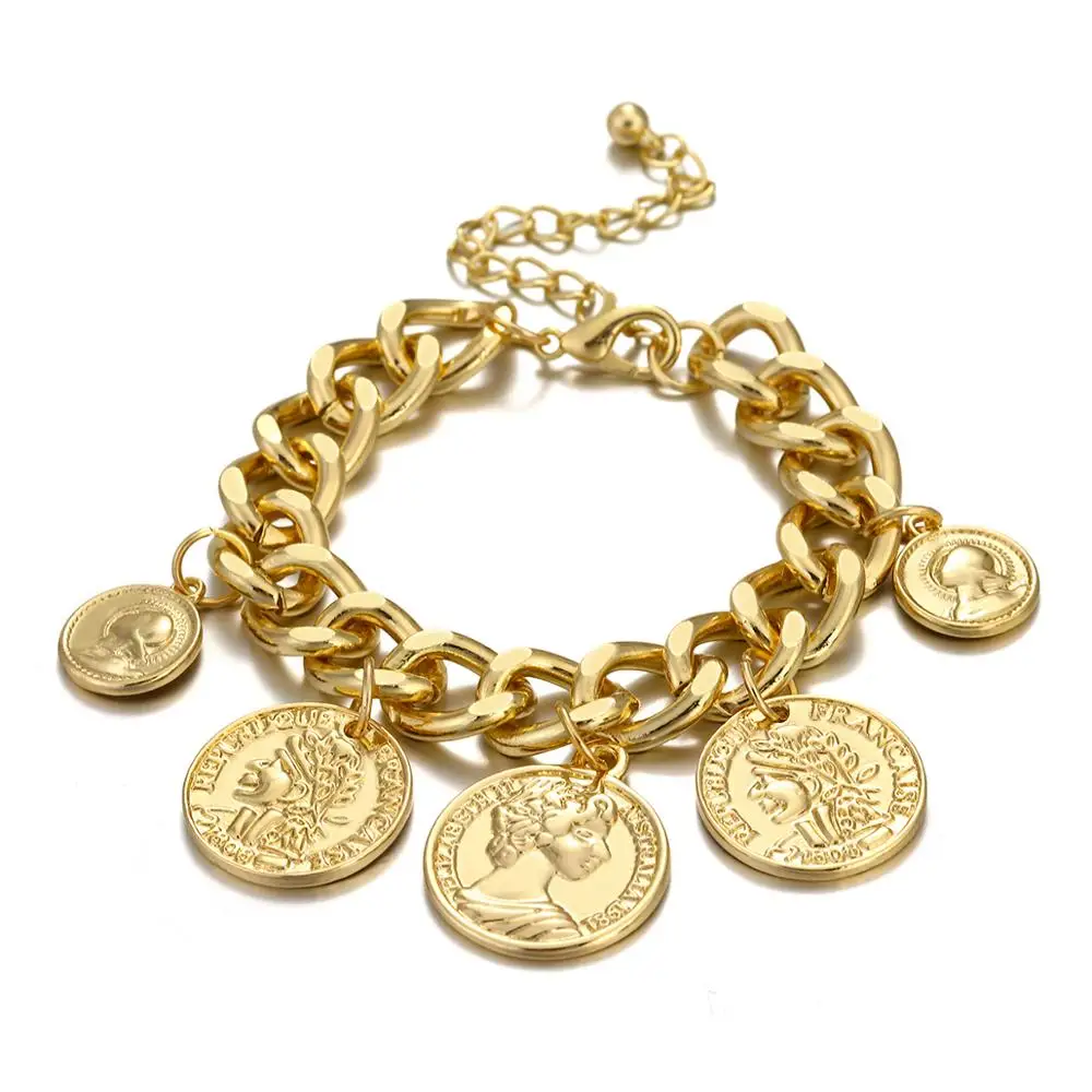 

Gold Punk Chain Coins Bracelet Personality Vintage Portrait Charms Bracelets For Women Fashion Jewelry Accessories, Picture shows