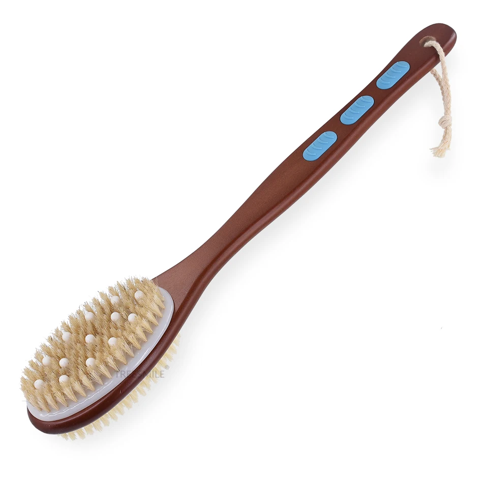 

Body Exfoliating Brush Bath Back Cleaning Scrubber with Long Wooden Handle Dry or Wet Skin Brush with Soft and Stiff Treesmile