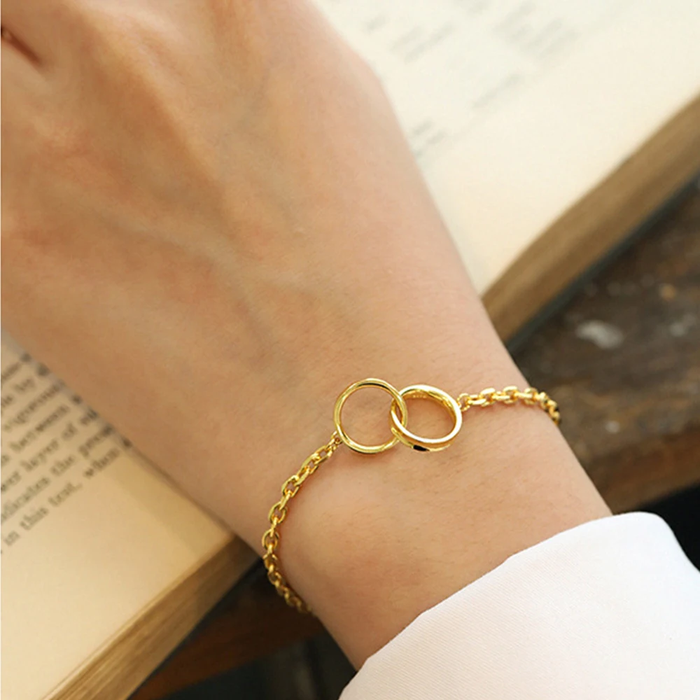 

High Quality 925 Sterling 18k Gold Plated Jewelry Silver Double Circles Bracelet Geometric Chain Dainty Adjustable For Women