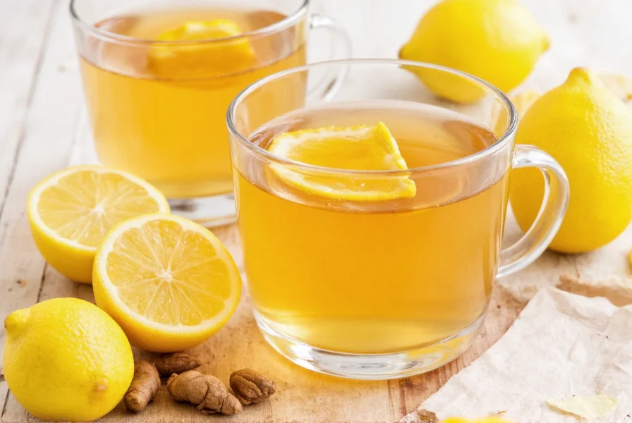 Steaming cup of freshly brewed lemon ginger tea with lemon slice and ginger pieces visible