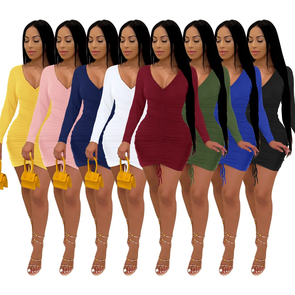 

2021 Fashion Women Autumn One Piece Dress Sexy A-Line Dress With Drawstring Long Sleeve Bodycon Fall Girls Short Skirt, Photos show