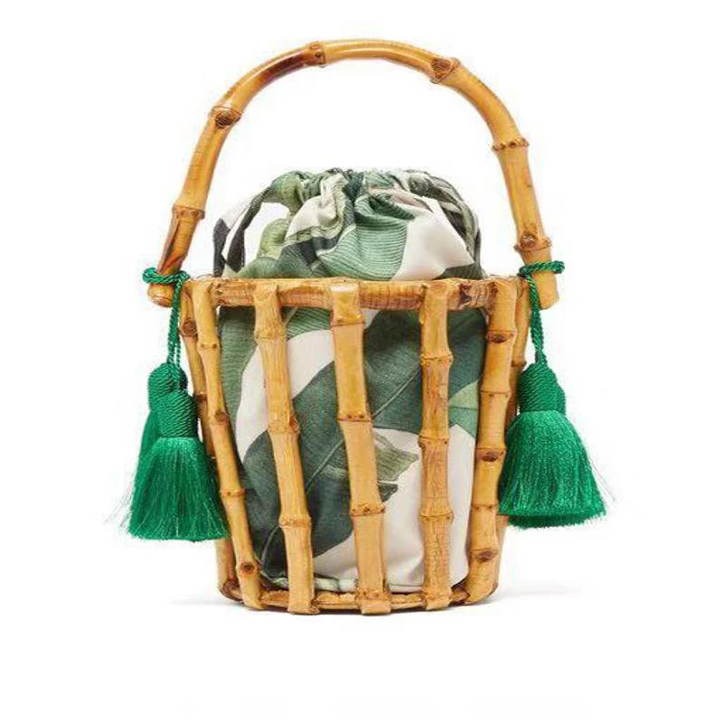 

Wholesale Women Summer Bali Bamboo Rattan Hand Bag Handmade Round Bucket Beach Bag With Tassel, Nature