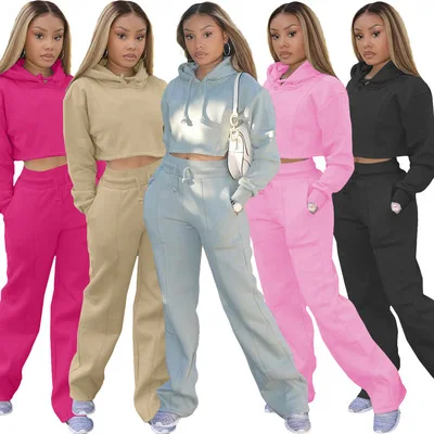 

2021 Fall Women Casual Jogger And Hoodie Set Female Long Sleeve Cropped Top Hoodies Long Pant Sets Joggers Two Piece Set, Pink,black,rose red,gray/green,khaki