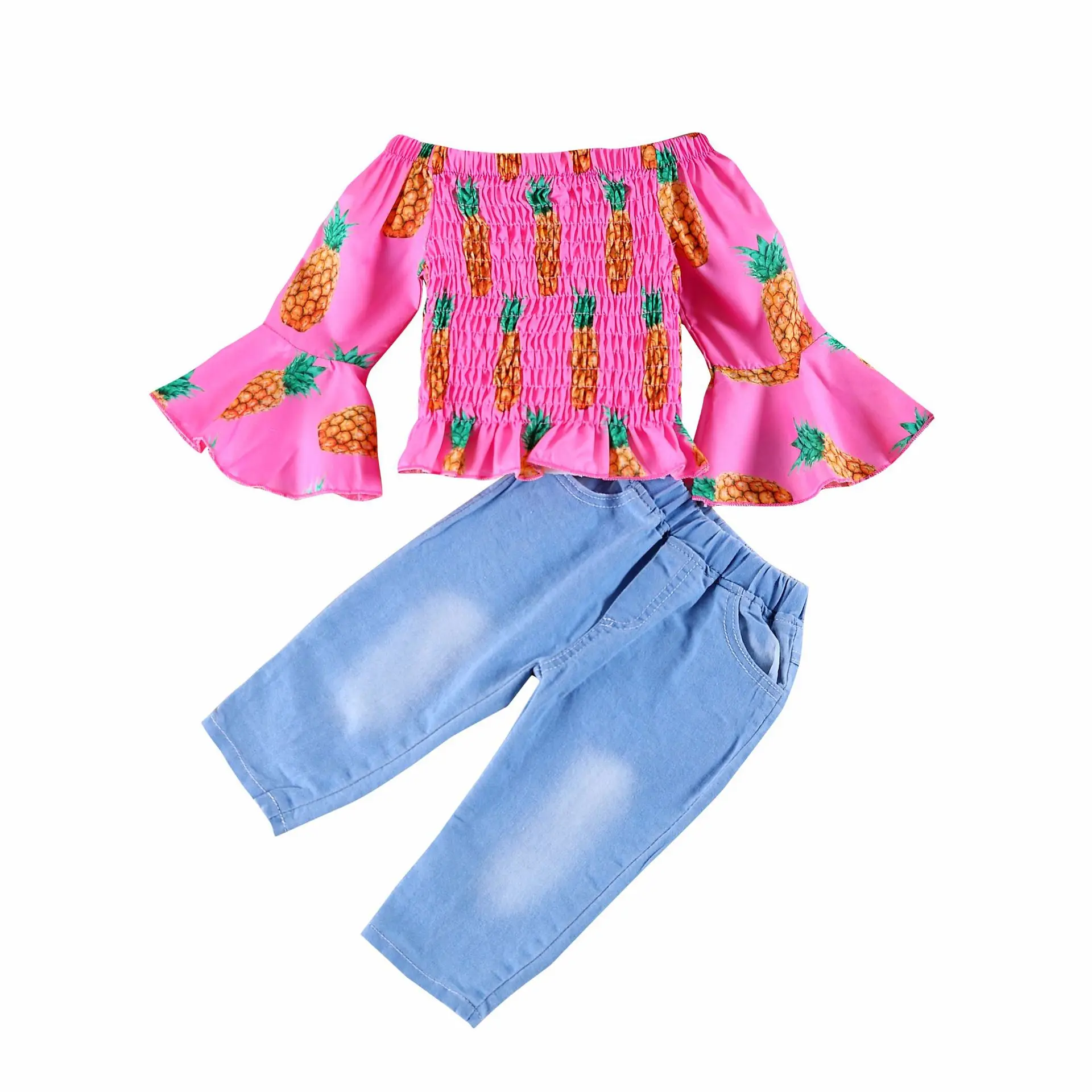 

Summer Girls Pineapple Print Ruffle Tops + Jeans 2pcs Set