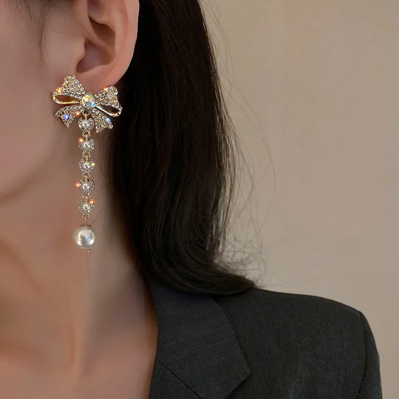 

Korean rhinestone bowknot drop earrings for women girls fashion long pearl pendant earrings jewelry gifts, As the picture shows