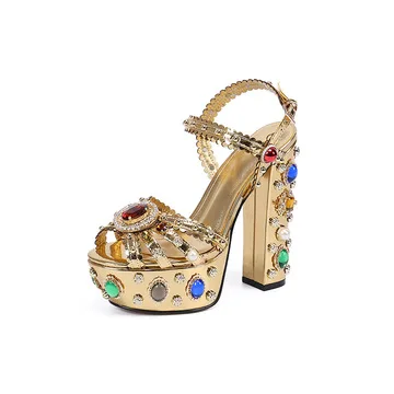 

2021 Gold Genuine Leather Ankle Strap Sandals Women High Platform Diamond Colorful Heel Luxury Rhinestone Wedding Shoes Woman